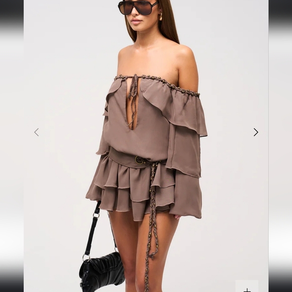 New Murci Dixie Bardot Layered Mini Dress Belted Taupe UK Sz 14 US Sz 10 - Picture 1 of 8